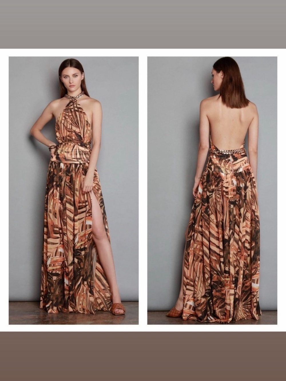 Bronx and Banco Brown Silk Maxi Dress Animal Print Halter M Boho NWT 🟡